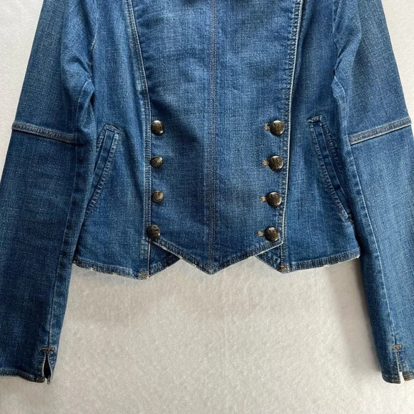 Free People Embroidered Demin Jacket Womens Size M Military Band Cropped Blue - Picture 4 of 11